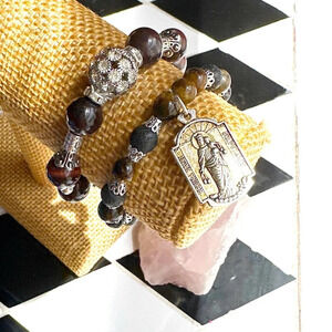 Chunky tigers eye silver lava rock scapular charm statement pave bracelet